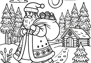 Nikolaus wandert durch Winterlandschaft – Ausmalbild