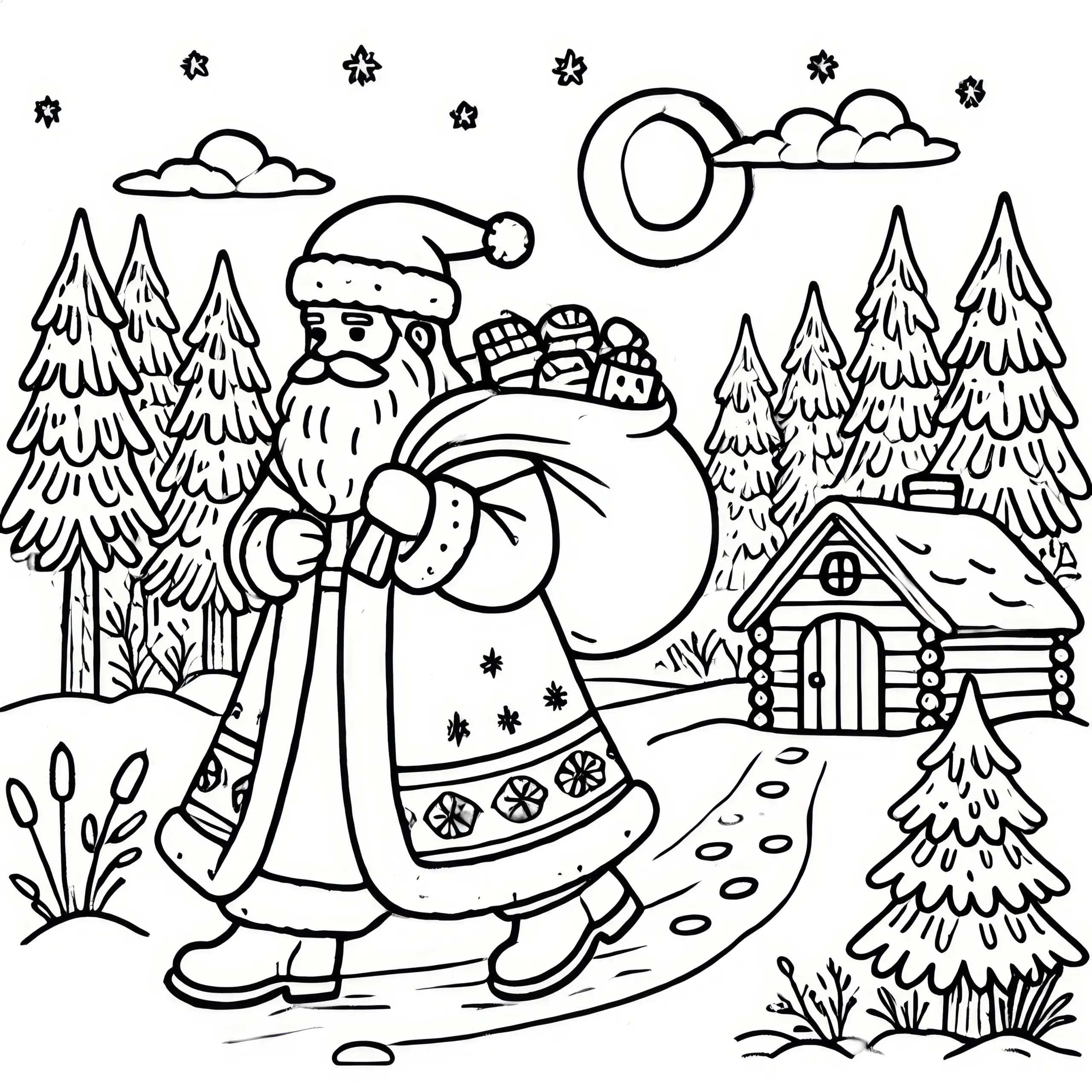 Nikolaus wandert durch Winterlandschaft – Ausmalbild