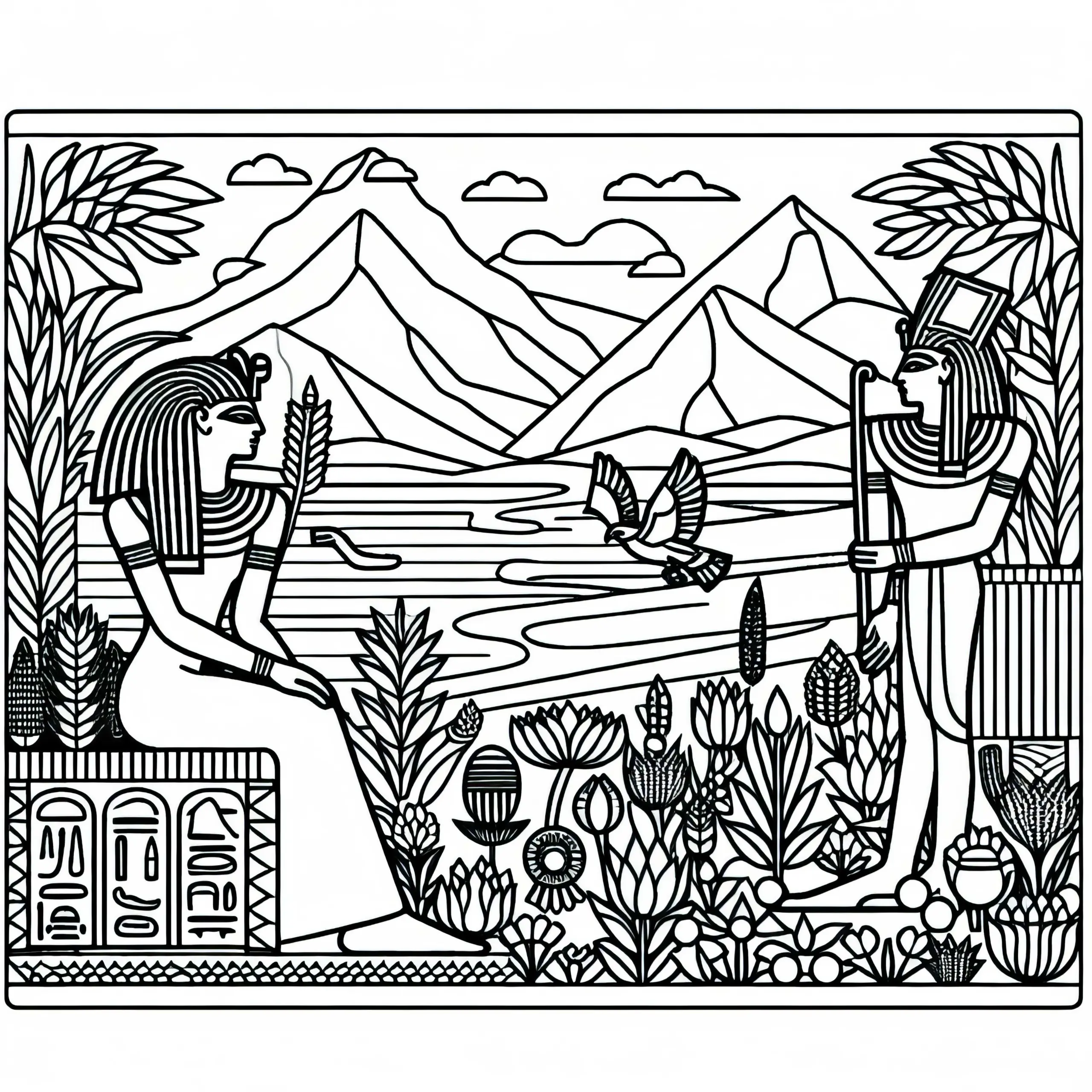 Nil mit fruchtbaren Feldern an den Ufern – Ausmalbild ägyptische Mythologie kostenlos