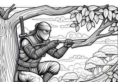 Ninja beobachtet Gegner von Baum aus – detailreiches Ausmalbild kostenlos