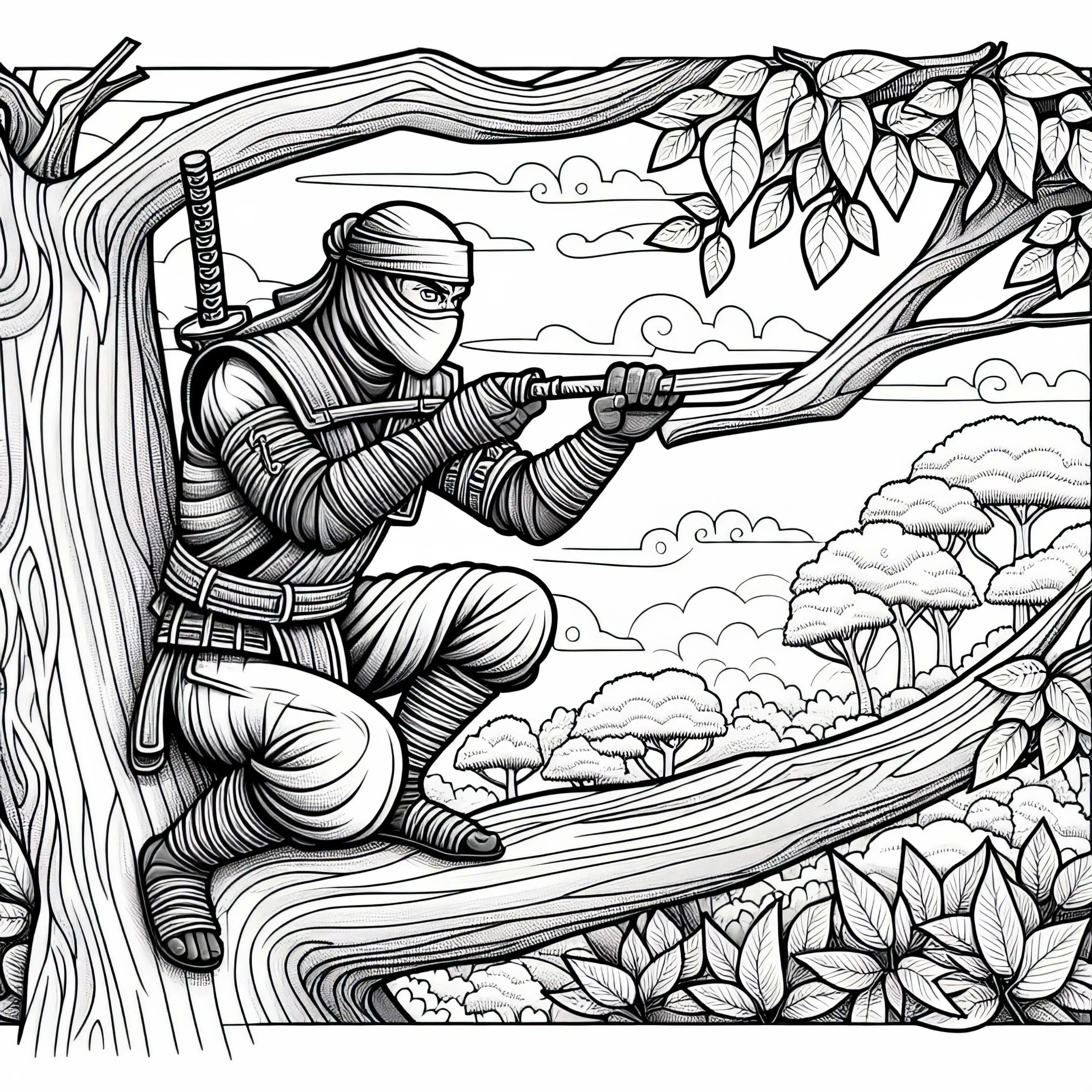Ninja beobachtet Gegner von Baum aus – detailreiches Ausmalbild kostenlos