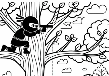Ninja beobachtet Gegner von einem Baum aus – Ausmalbild einfach gratis