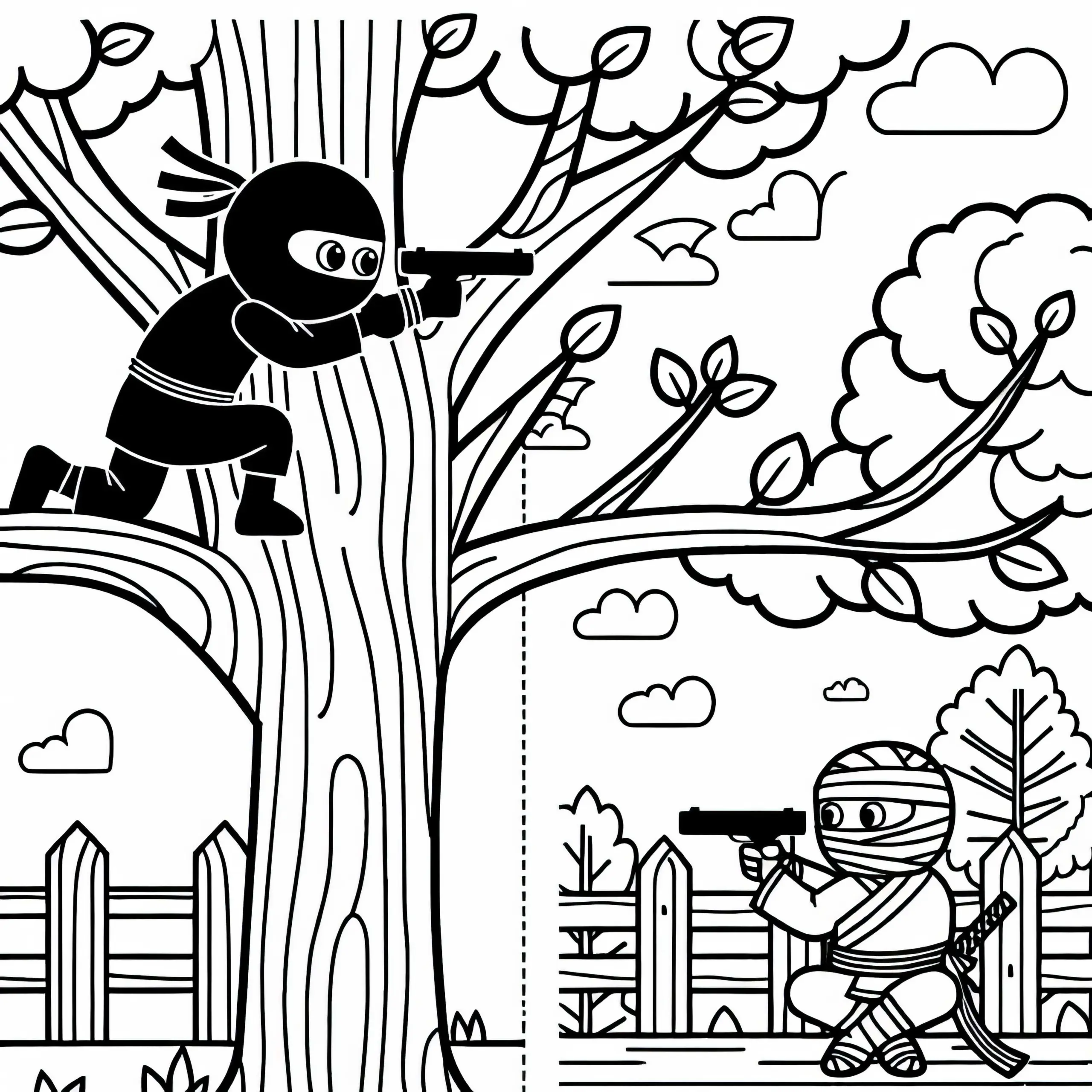 Ninja beobachtet Gegner von einem Baum aus – Ausmalbild einfach gratis