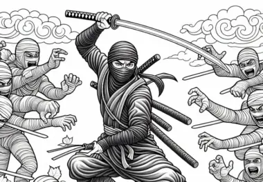 Ninja kämpft mit Stab gegen mehrere Gegner – Malvorlage gratis