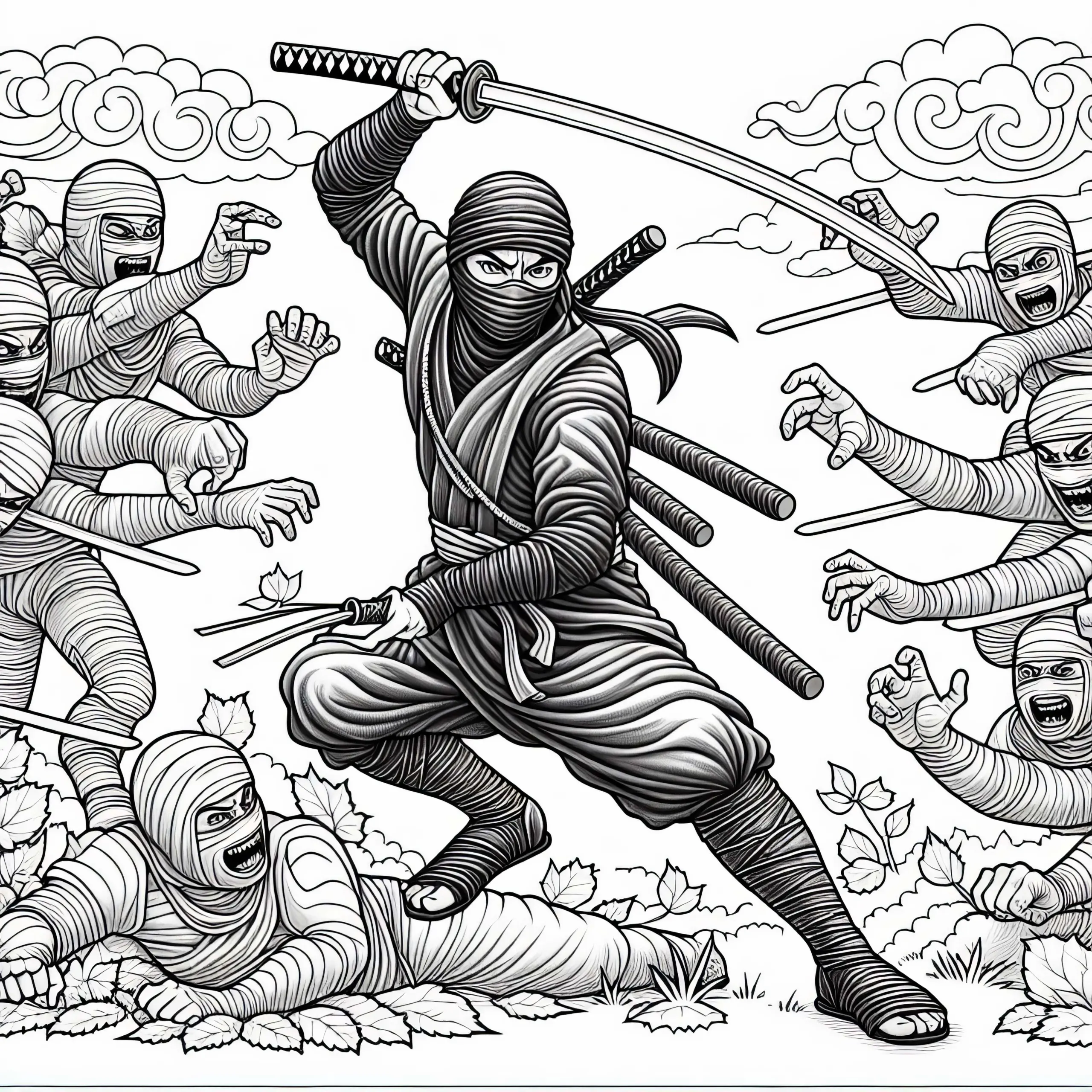 Ninja kämpft mit Stab gegen mehrere Gegner – Malvorlage gratis (Ausmalbild)
