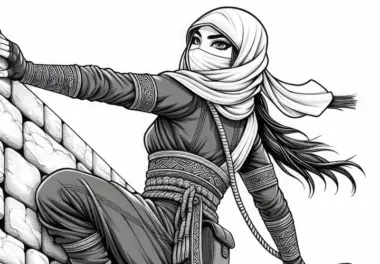 Ein Ninja klettert eine Wand hoch – Ausmalbild