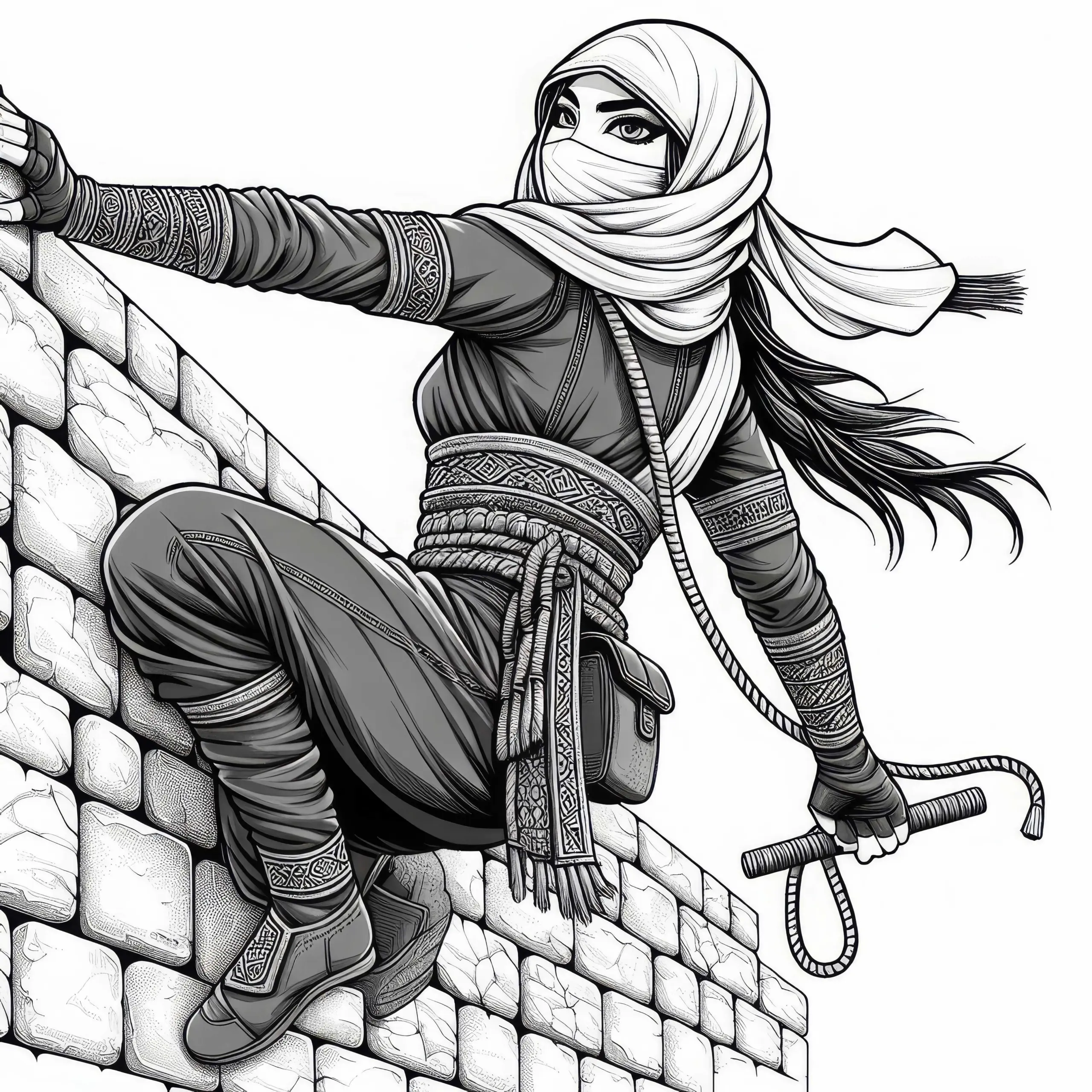 Ein Ninja klettert eine Wand hoch – Ausmalbild