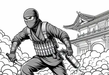 Ninja nutzt Rauchbomben, um zu entkommen – Malvorlage detailreich kostenlos