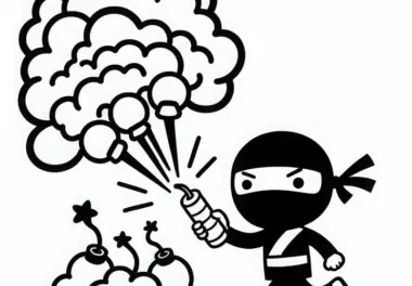 Ninja nutzt Rauchbomben, um zu entkommen – Malvorlage einfach gratis