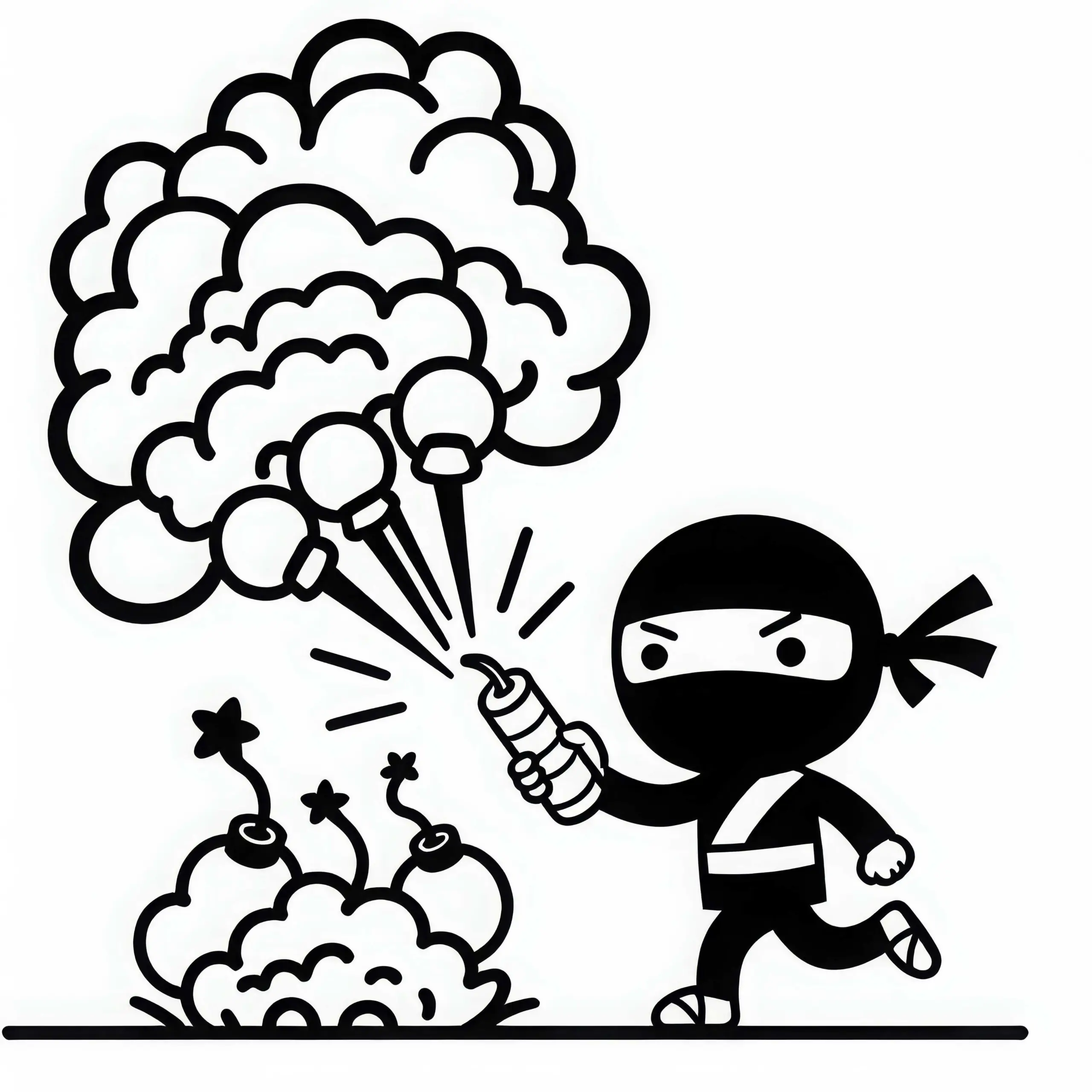 Ninja nutzt Rauchbomben, um zu entkommen – Malvorlage einfach gratis (Ausmalbild)