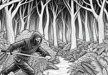 Ninja schleicht durch dunklen Wald – Detailreiches Ausmalbild zum Download