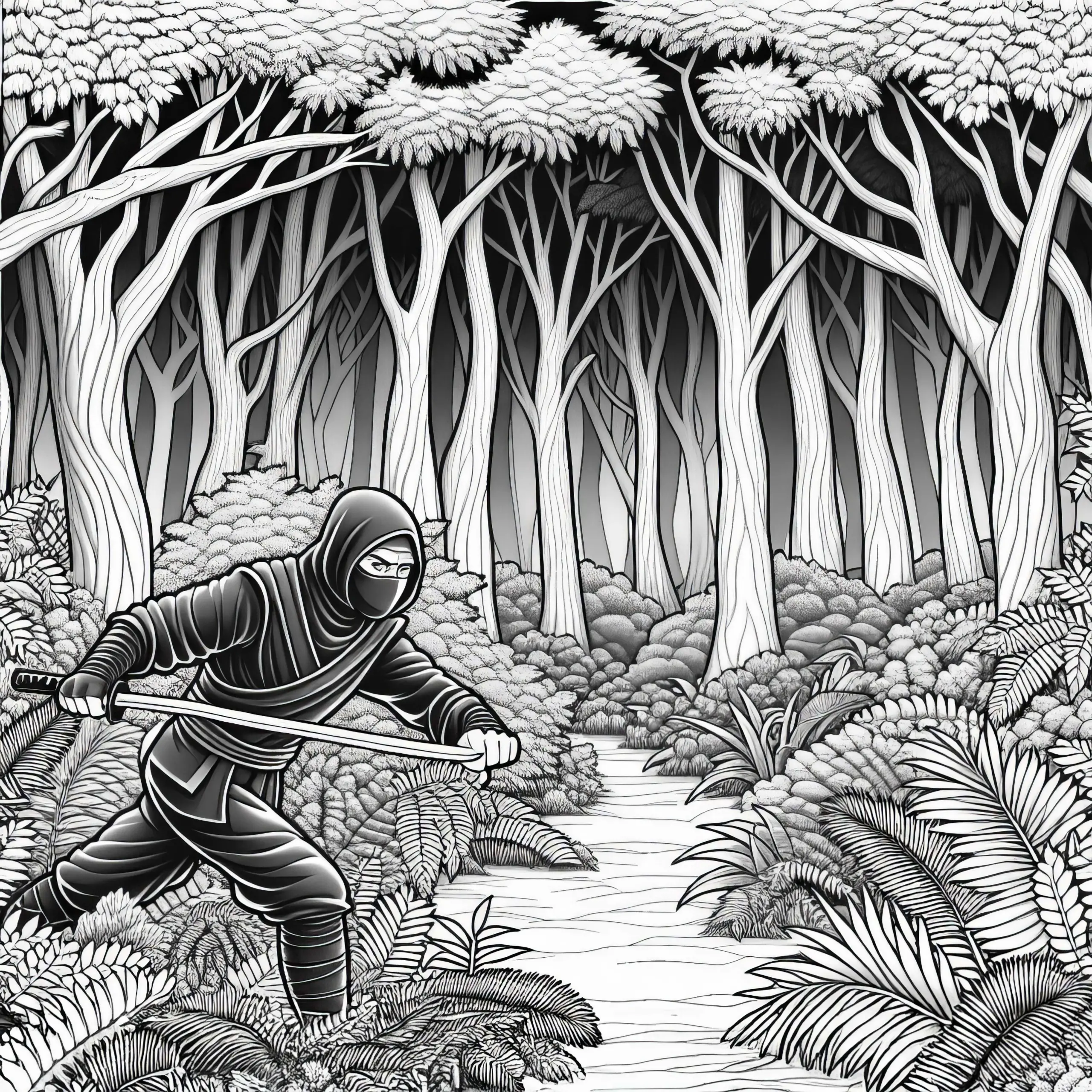 Ninja schleicht durch dunklen Wald – Detailreiches Ausmalbild zum Download