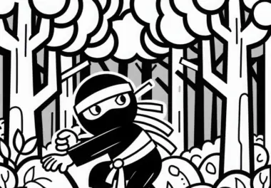 Ninja schleicht durch dunklen Wald – Ausmalbild einfach kostenlos