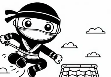 Ninja springt über Dach – Ausmalbild einfach gratis