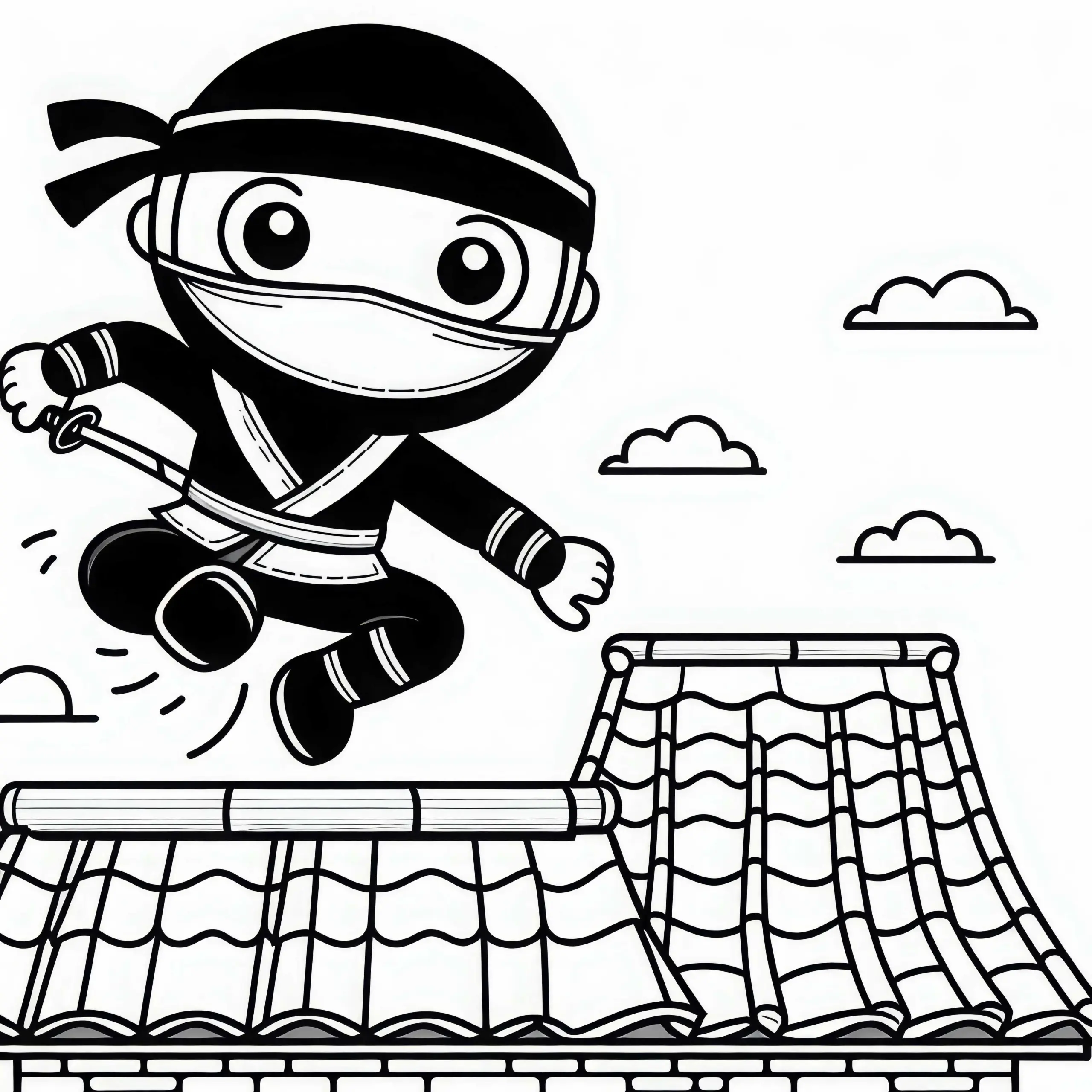 Ninja springt über Dach – Ausmalbild einfach gratis