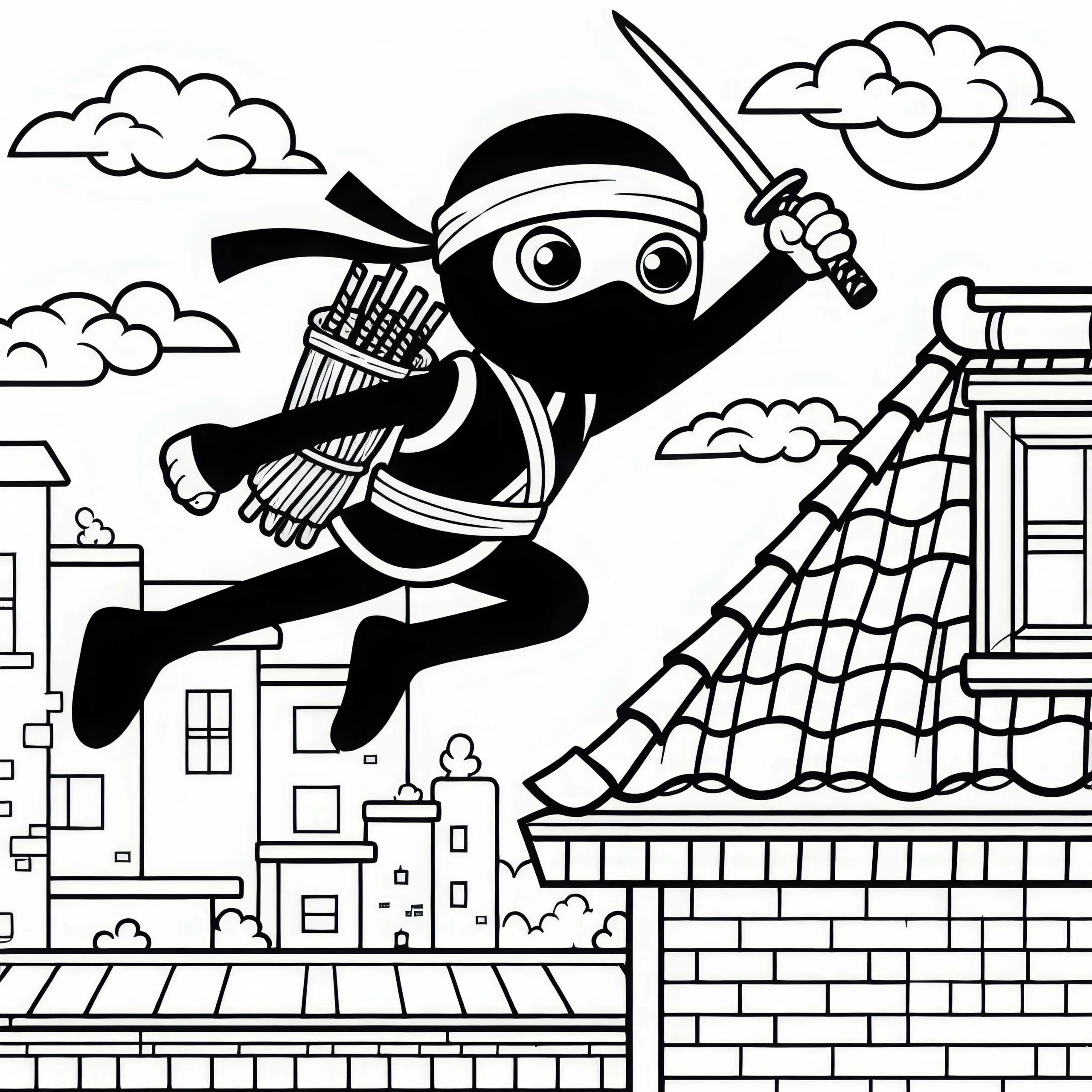 Ninja springt über das Dach – Malvorlage für Jungs ab sechs gratis (Ausmalbild)