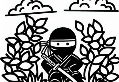 Ninja tarnt sich im Schattenbereich – Malvorlage einfach gratis