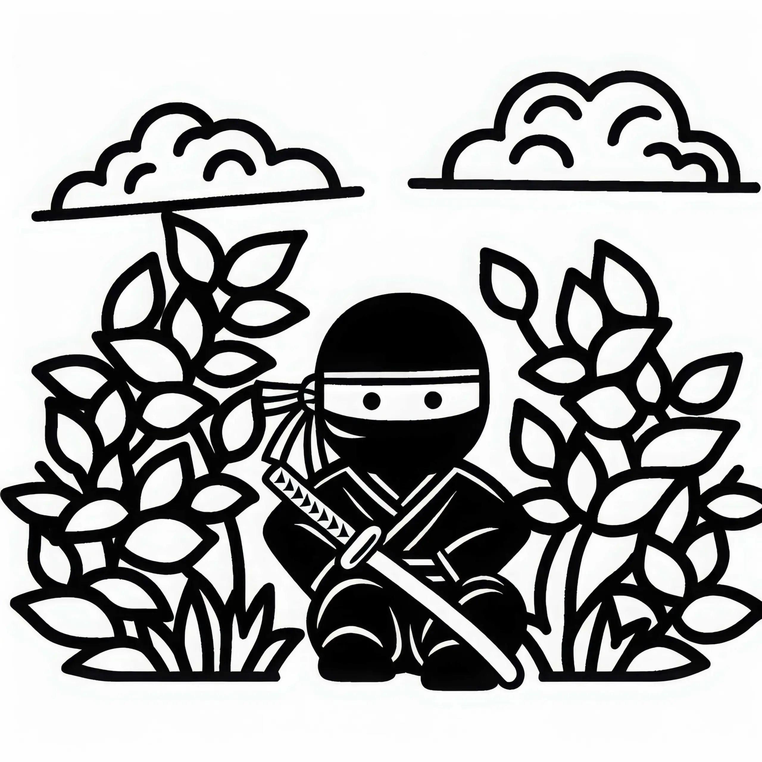 Ninja tarnt sich im Schattenbereich – Malvorlage einfach gratis (Ausmalbild)