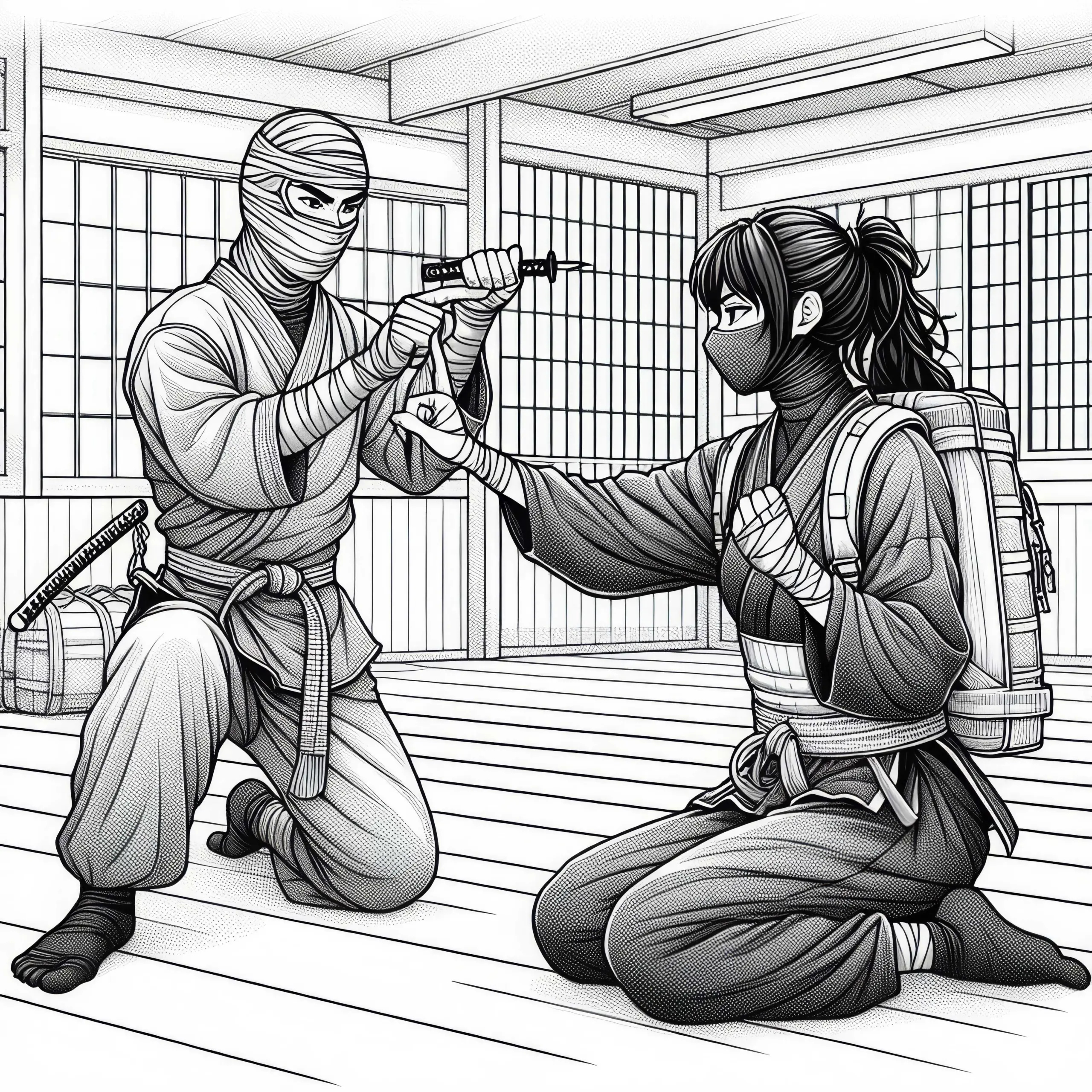 Ninja trainieren in einem Dojo – Ausmalbild kostenlos herunterladen