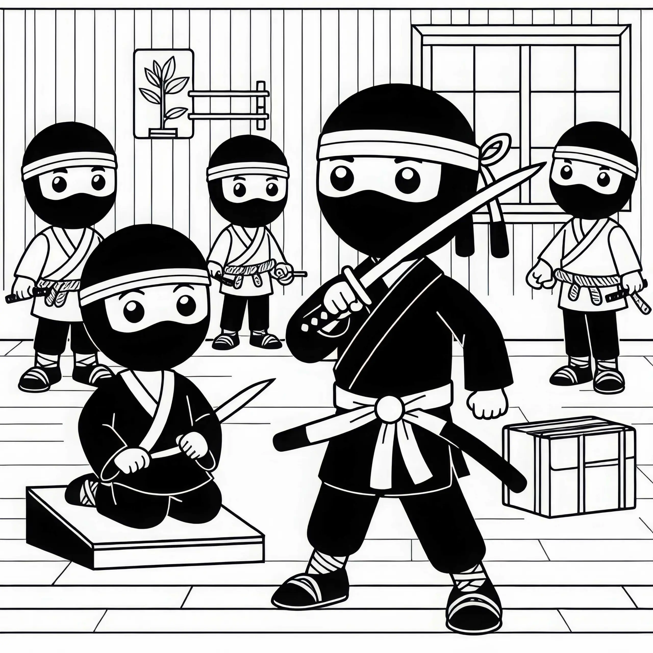 Ninja trainiert mit anderen in einem Dojo – Ausmalbild gratis