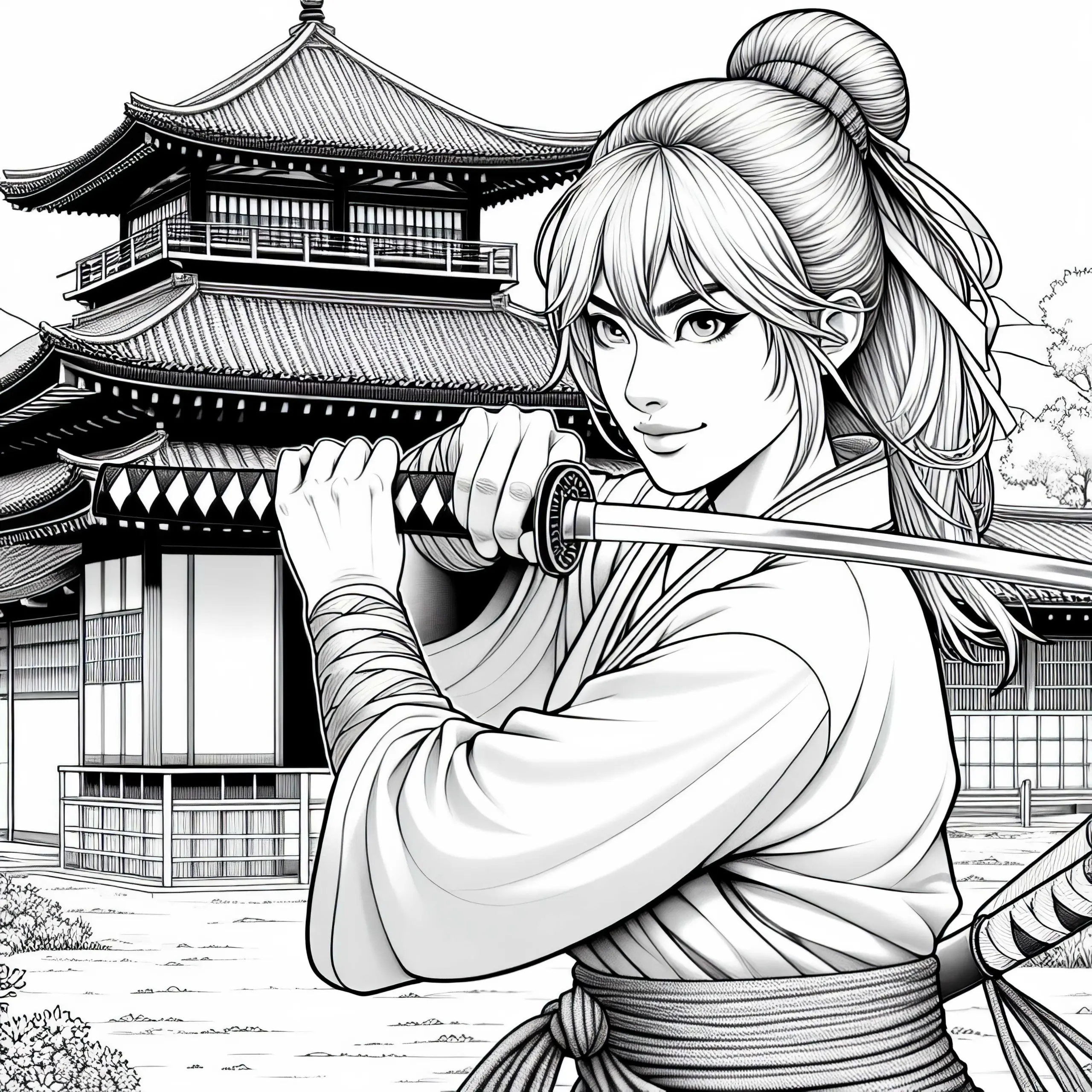 Ninja übt mit Katana-Schwert – Ausmalbild