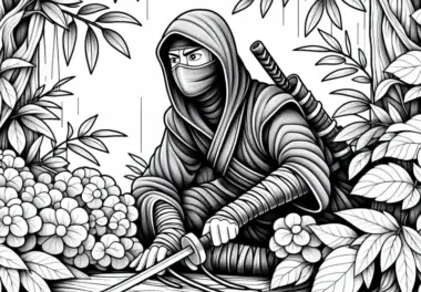 Ninja versteckt sich – detailreiche Malvorlage kostenlos