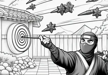 Ninja wirft Shuriken: Wurfsterne Malvorlage in detailreicher Ausführung – kostenlos