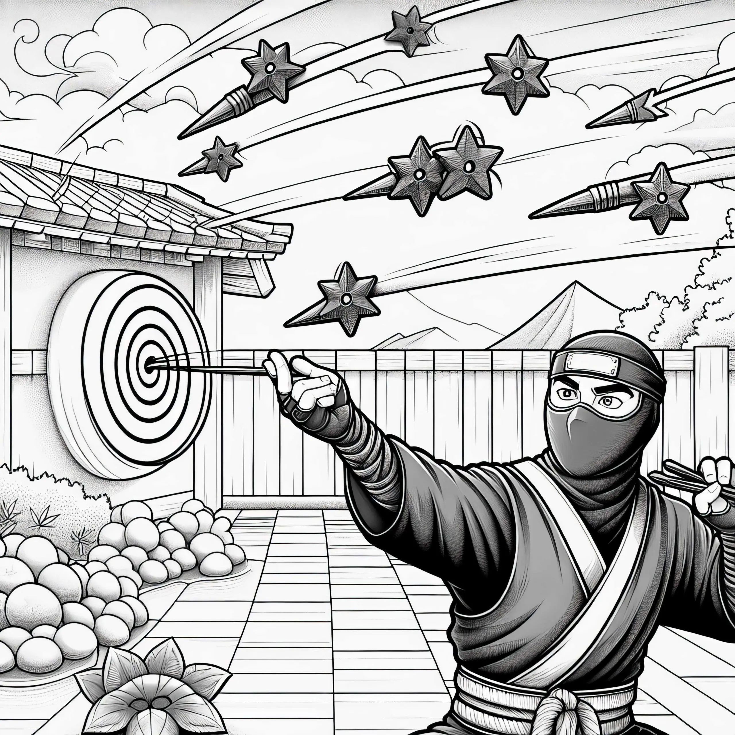 Ninja wirft Shuriken: Wurfsterne Malvorlage in detailreicher Ausführung – kostenlos (Ausmalbild)