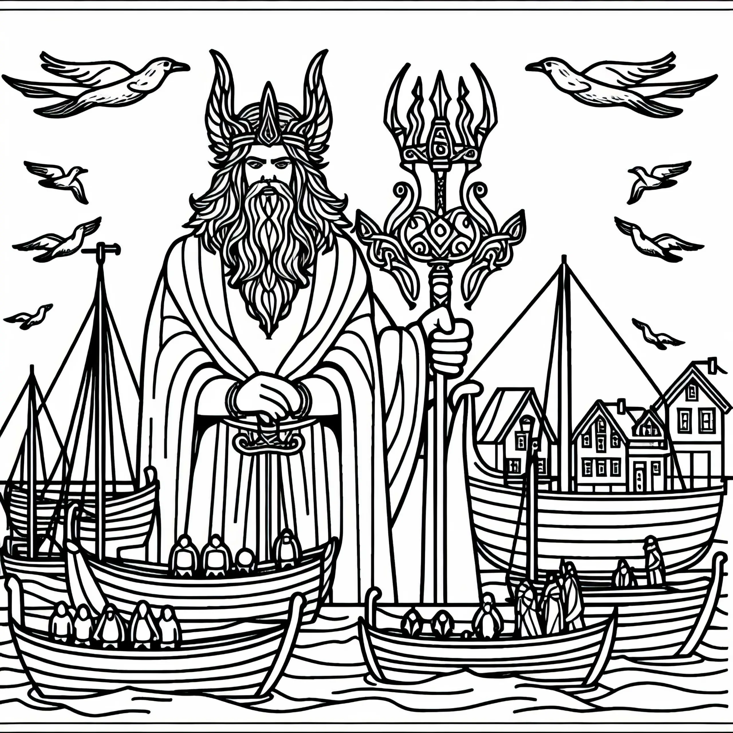 Njörd, der Gott des Meeres im Hafen mit Booten – Malvorlage zur nordischen Mythologie (Ausmalbild)