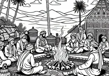 Nomaden lagern mit Teppichen und Lagerfeuer in der Oase – Ausmalbild