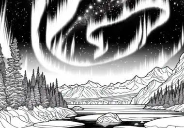Nordlichter über der eisigen Gletscherlandschaft – Ausmalbild kostenlos
