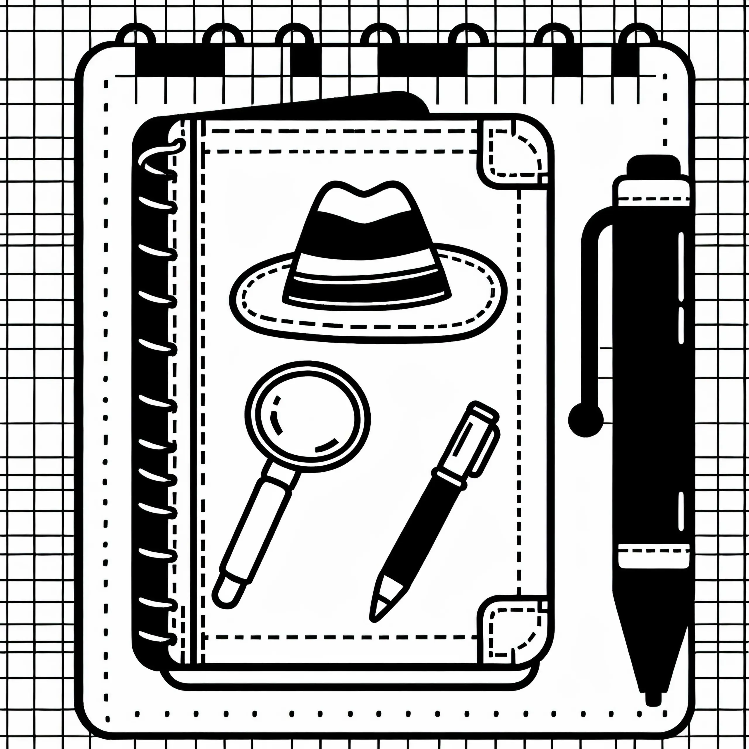 Notizblock und Stift eines Detektivs – Malvorlage einfach kostenlos (Ausmalbild)