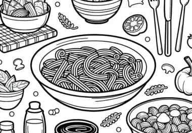 Nudeln als Beilage zum Essen – Malvorlage gratis
