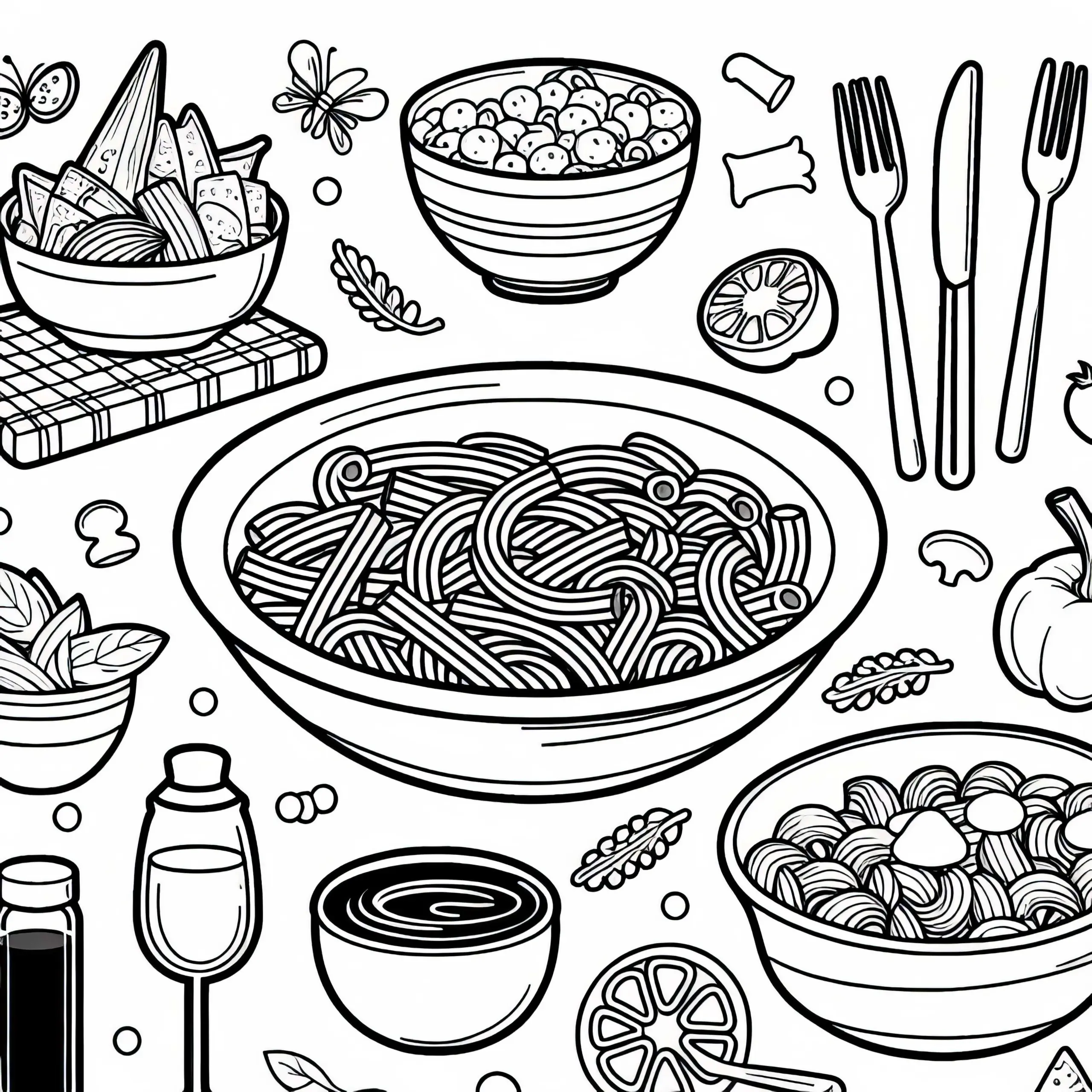 Nudeln als Beilage zum Essen – Malvorlage gratis (Ausmalbild)