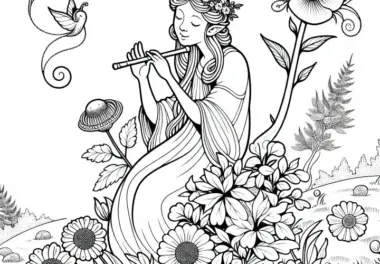 Nymphe spielt Flöte auf Blumenwiese – Malvorlage gratis
