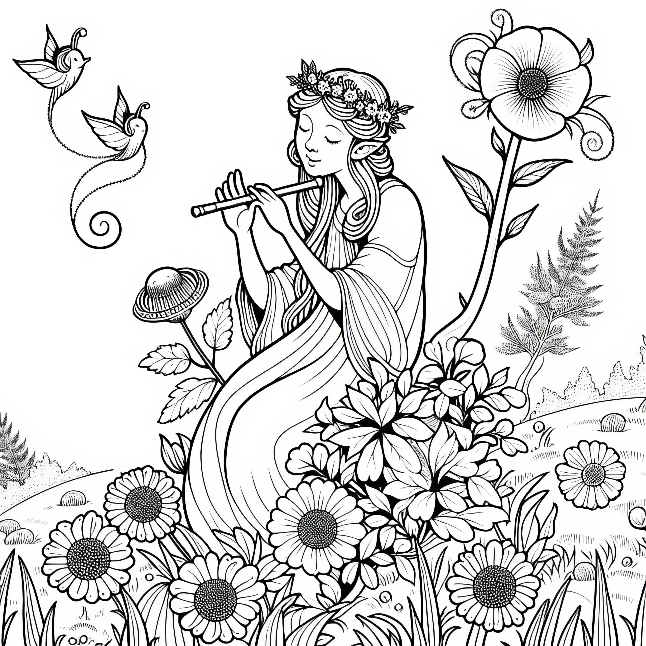 Nymphe spielt Flöte auf Blumenwiese – Malvorlage gratis (Ausmalbild)