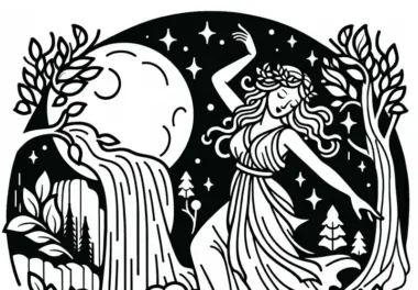 Nymphe tanzt am Wasserfall im Mondschein – Malvorlage kostenlos