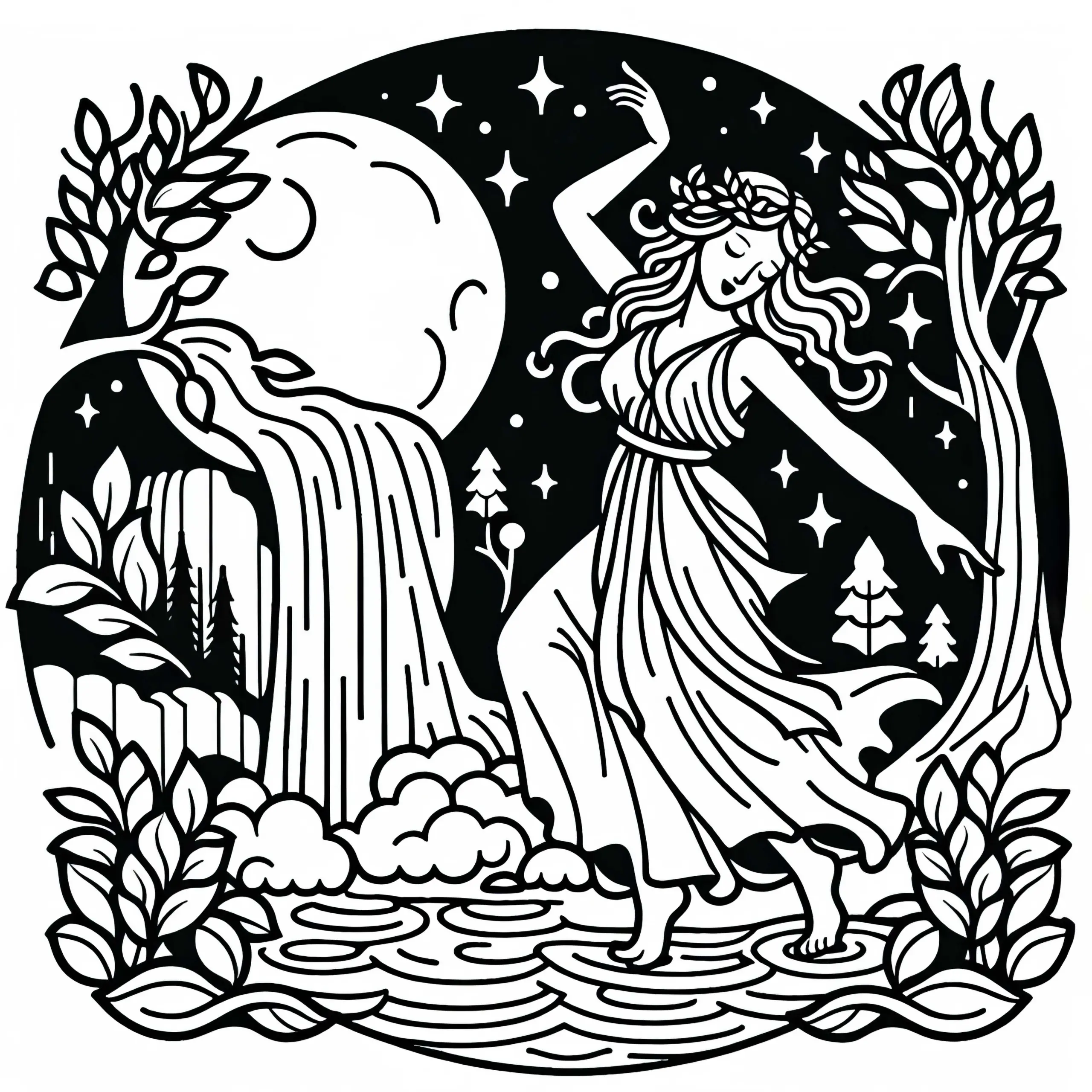 Nymphe tanzt am Wasserfall im Mondschein – Malvorlage kostenlos (Ausmalbild)