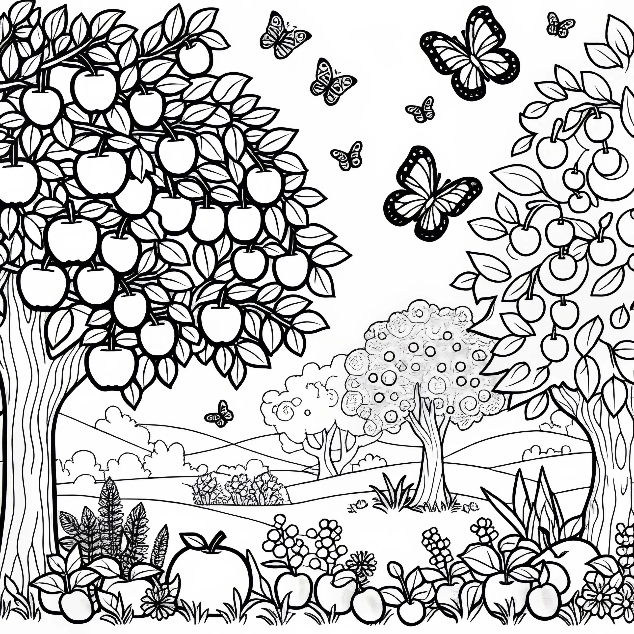 Obstbäume mit reifen Früchten und Schmetterlingen im Garten – Malvorlage gratis (Ausmalbild)