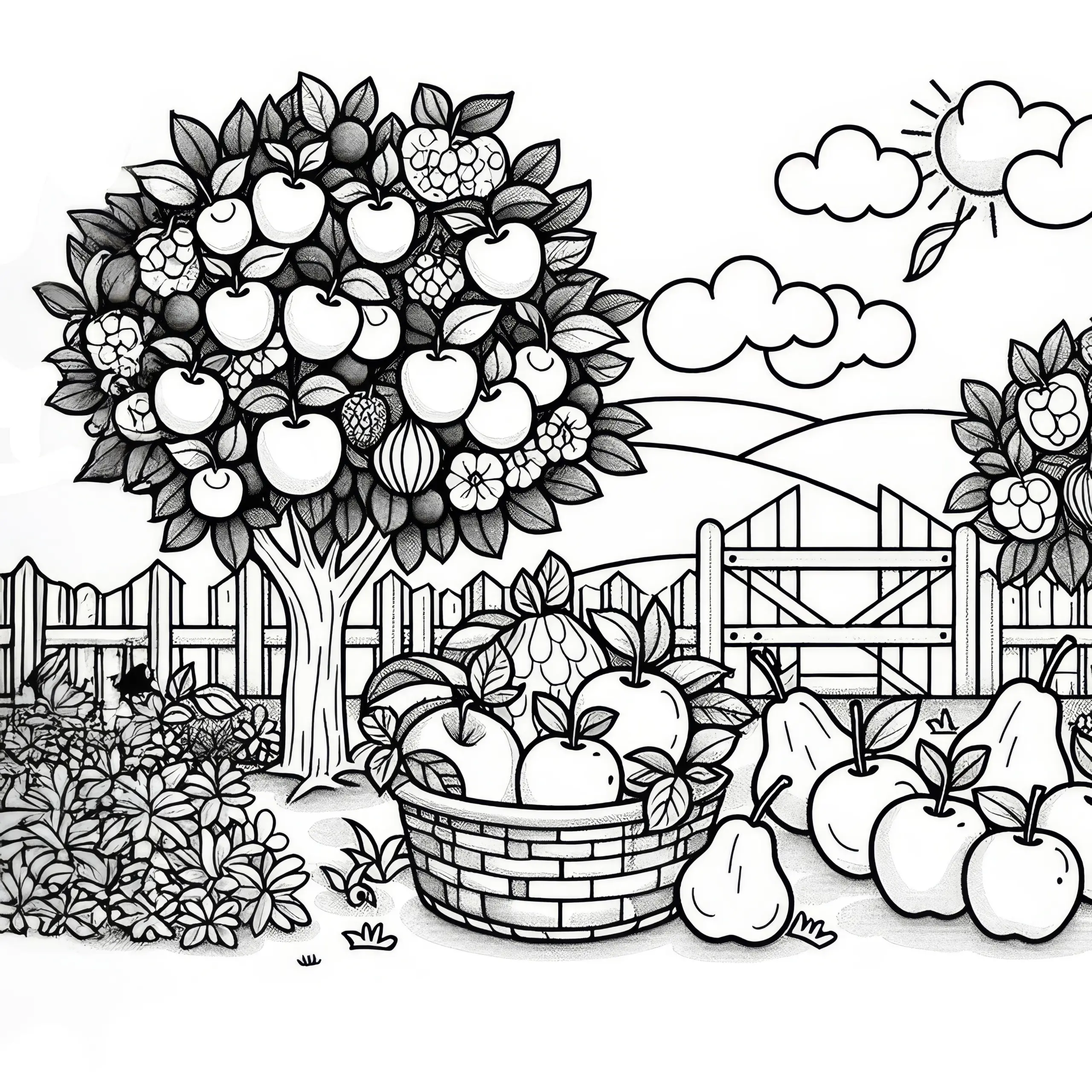 Obstgarten voller reifer Äpfel und Birnen im August: Kostenloses Ausmalbild zum Download
