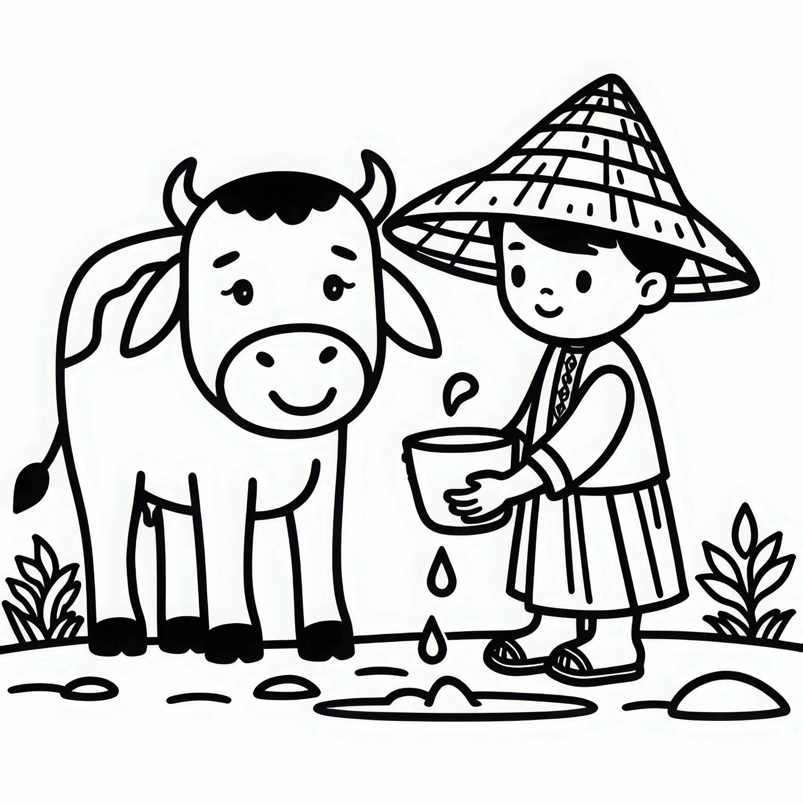 Ochse wird von Bauern mit Wasser versorgt – Malvorlage kostenlos herunterladen (Ausmalbild)