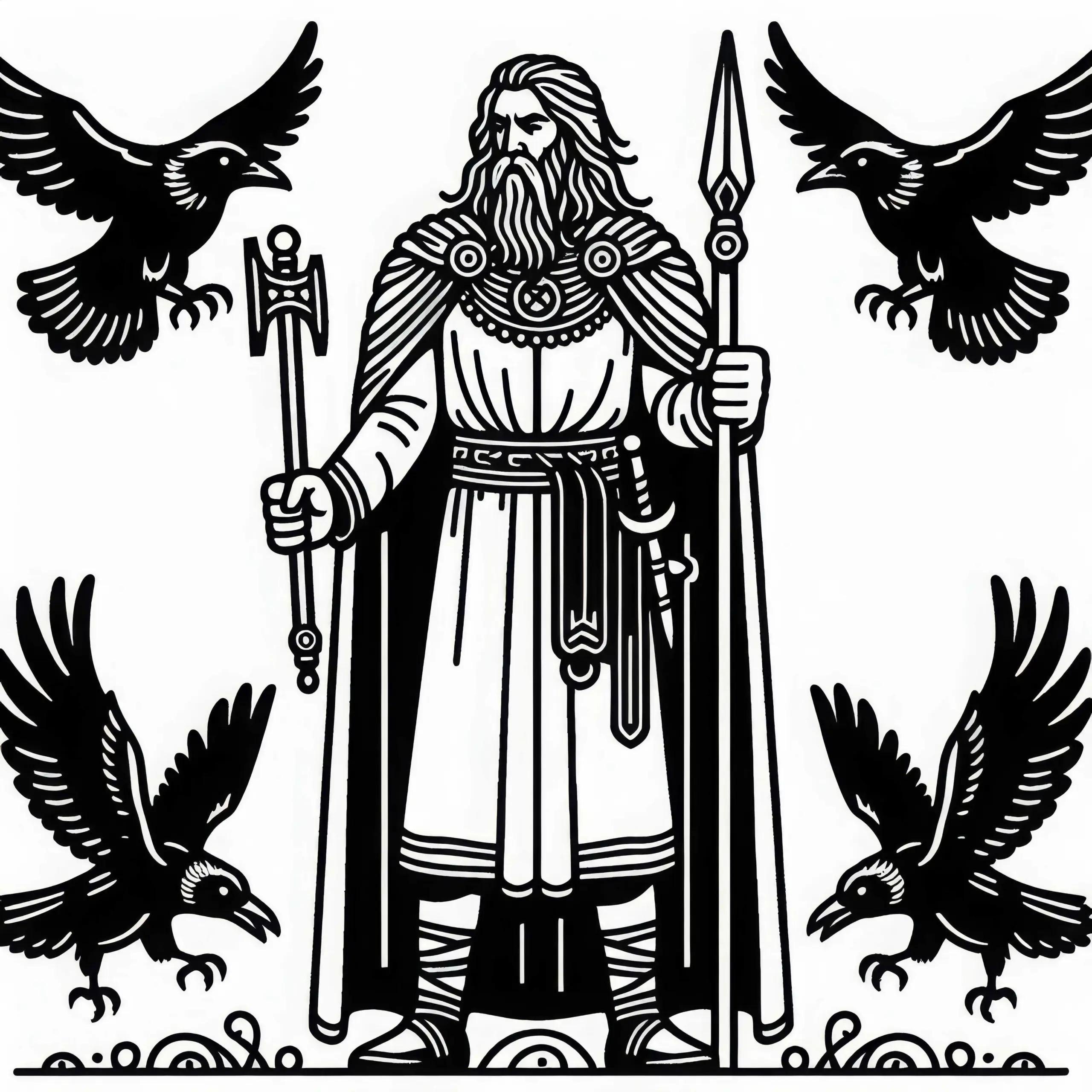 Odin mit Speer Gungnir und Raben Hugin und Munin – Ausmalbild zur nordischen Mythologie