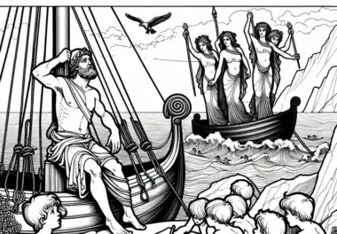 Odysseus bindet sich am Mast fest, während Sirenen auf Felsen singen – Malvorlage zur Odyssee von Homer