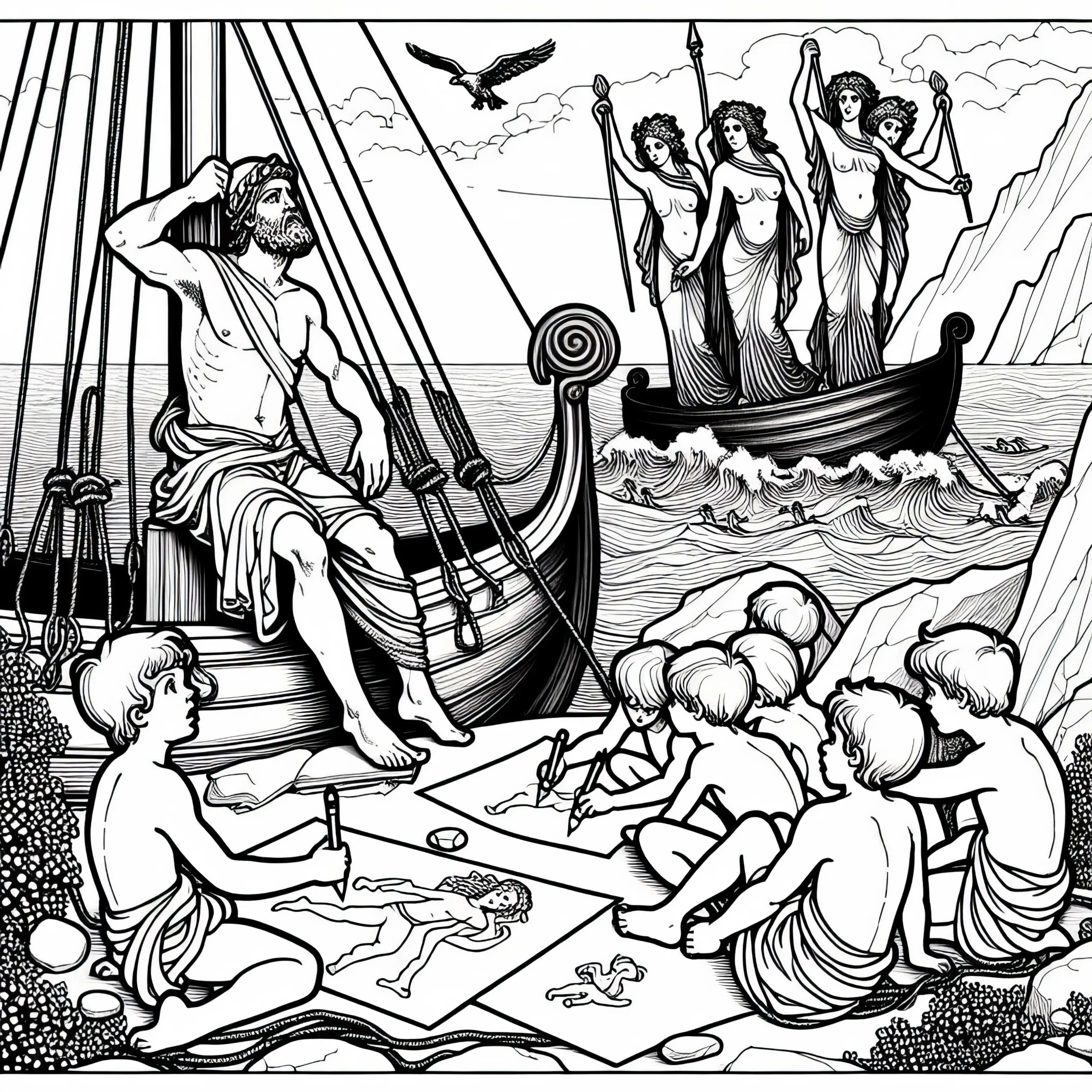 Odysseus bindet sich am Mast fest, während Sirenen auf Felsen singen – Malvorlage zur Odyssee von Homer (Ausmalbild)