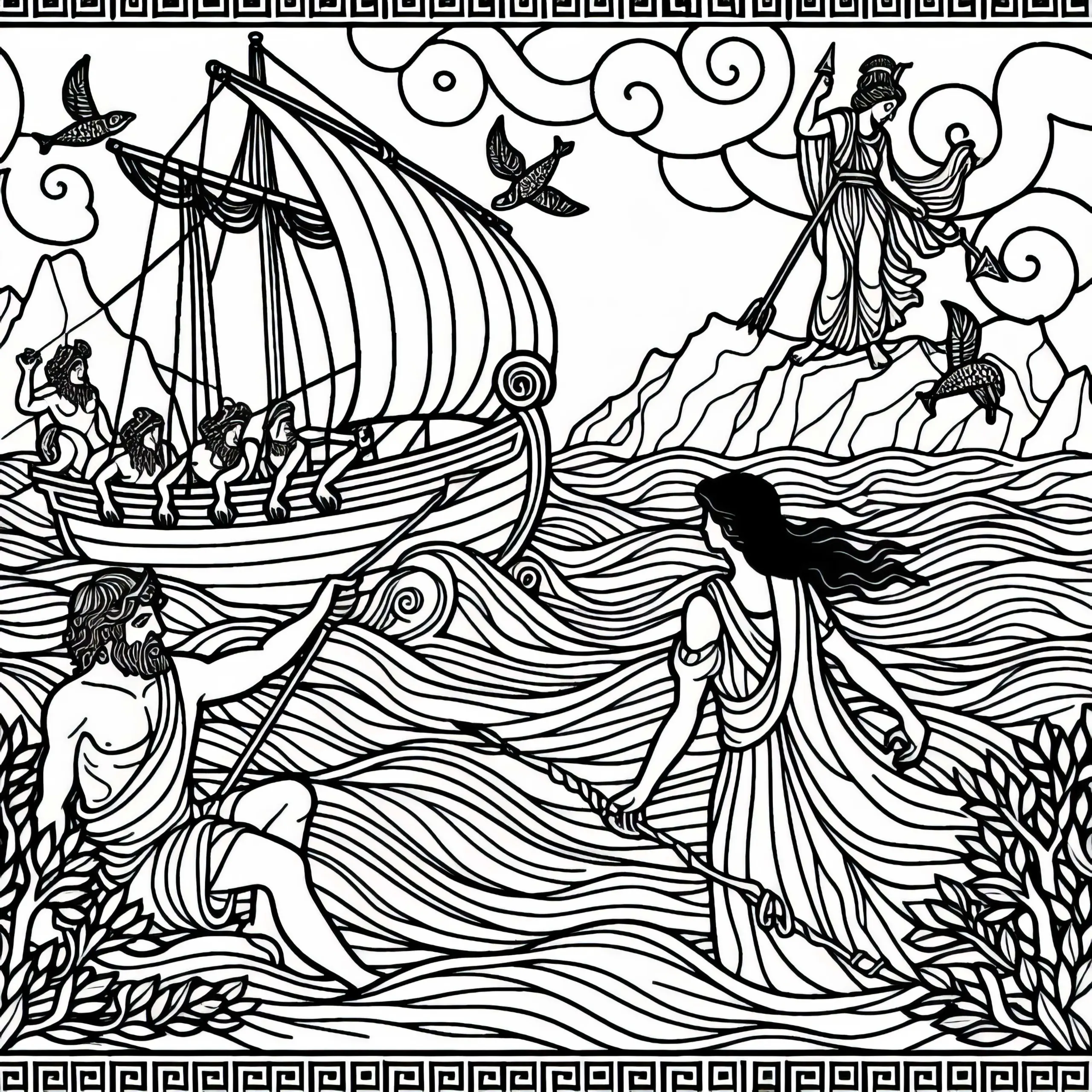 Odysseus überlistet die Sirenen auf seinem Schiff – Malvorlage griechische Mythologie kostenlos (Ausmalbild)