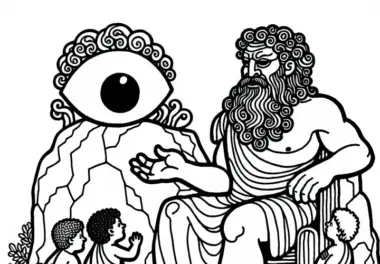 Odysseus redet mit dem einäugigen Polyphem – kostenloses Ausmalbild aus der Odyssee von Homer