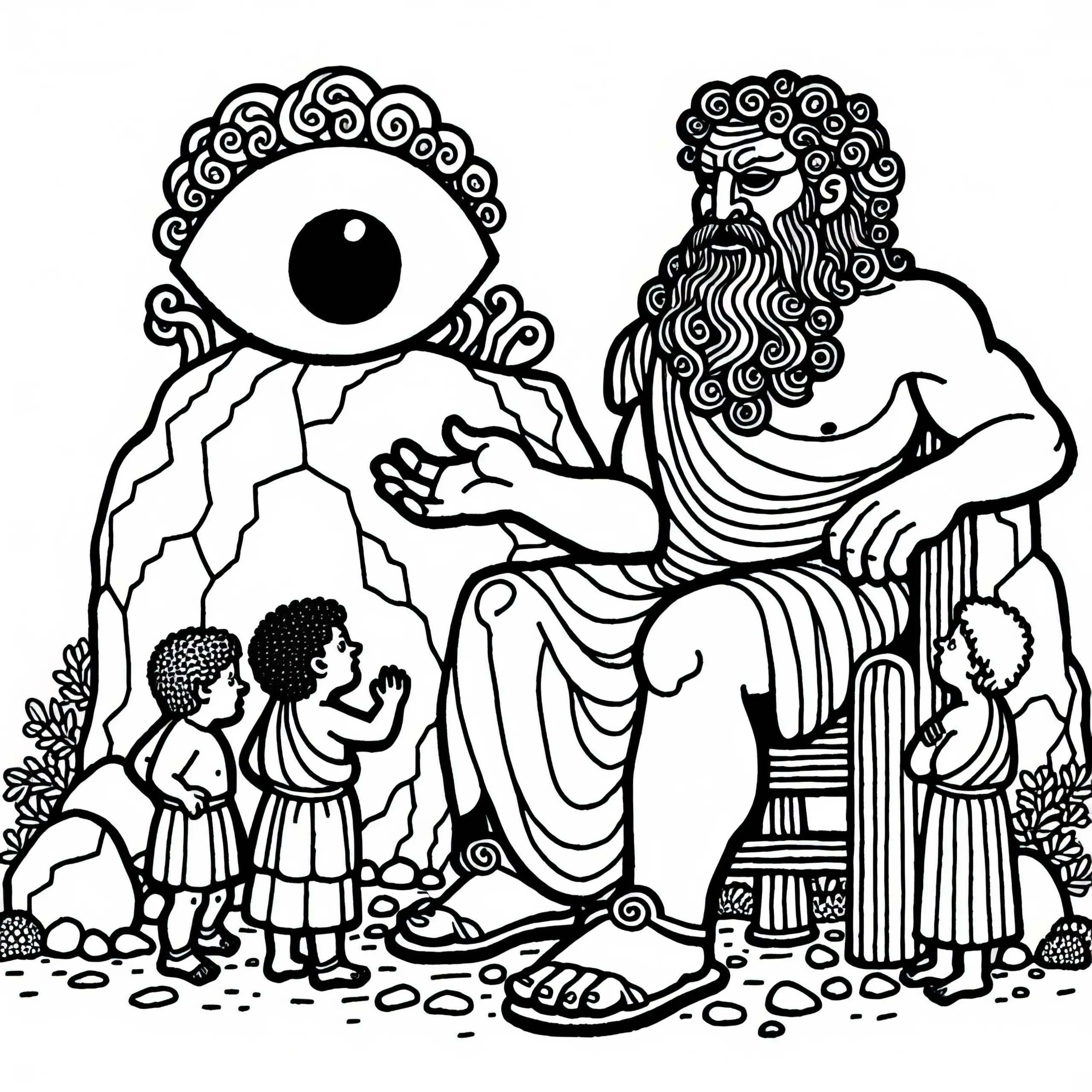 Odysseus redet mit dem einäugigen Polyphem – kostenloses Ausmalbild aus der Odyssee von Homer