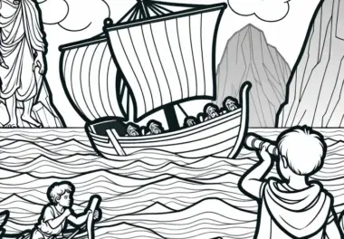 Odysseus segelt zwischen den Felsen von Skylla und Charybdis – Malvorlage zur Odyssee von Homer