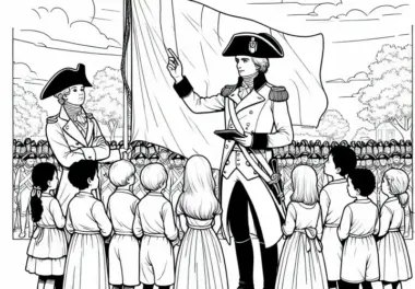 Offizier mit Dreispitz erklärt Kindern die Bedeutung einer Flagge – Malvorlage Napoleonische Ära gratis