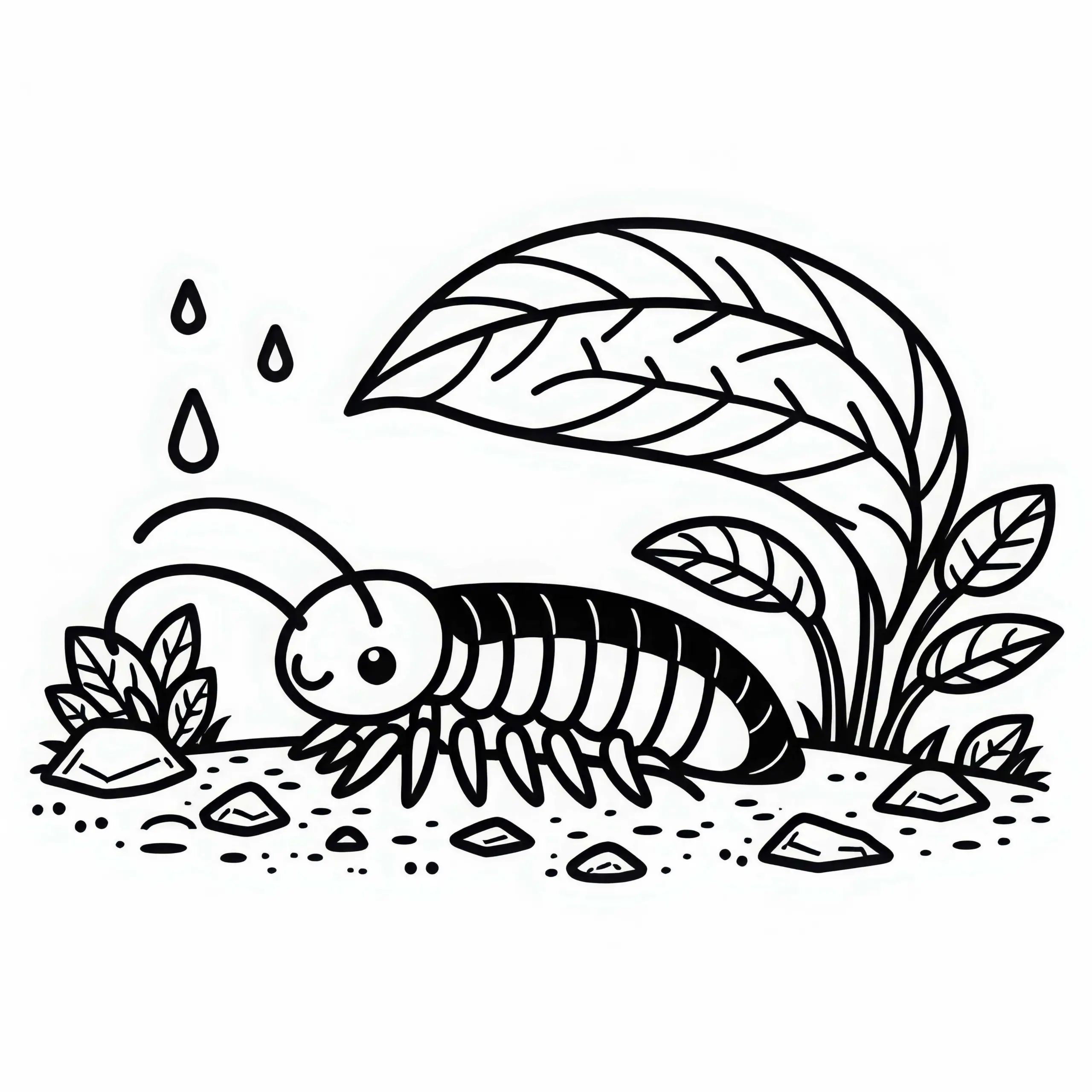 Ein Ohrwurm kriecht unter ein Blatt – Ausmalbild zum Download